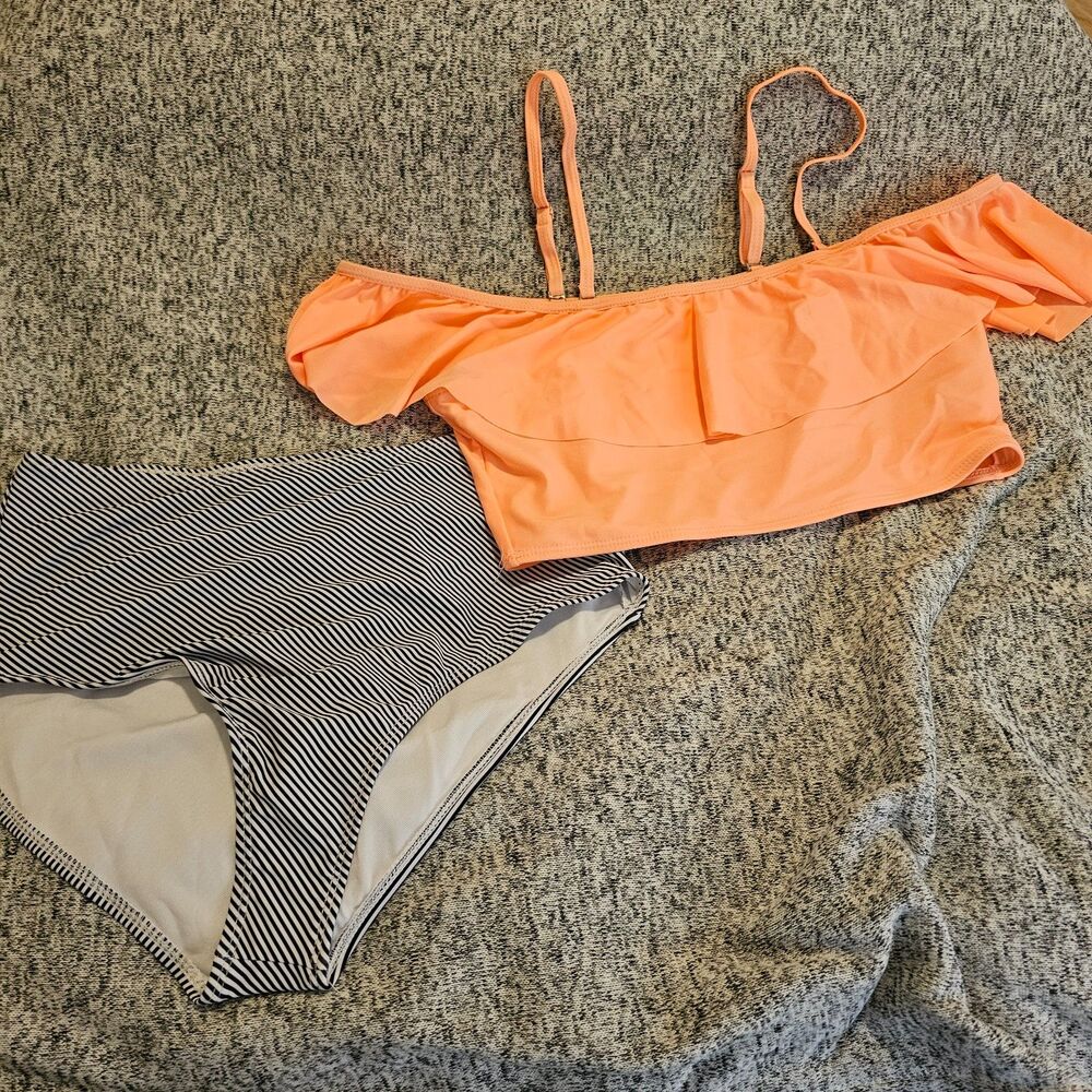 New Bikini Set Tummy Control Blue & White Bottoms Ruffled Coral Top Tankini - Picture 10 of 11